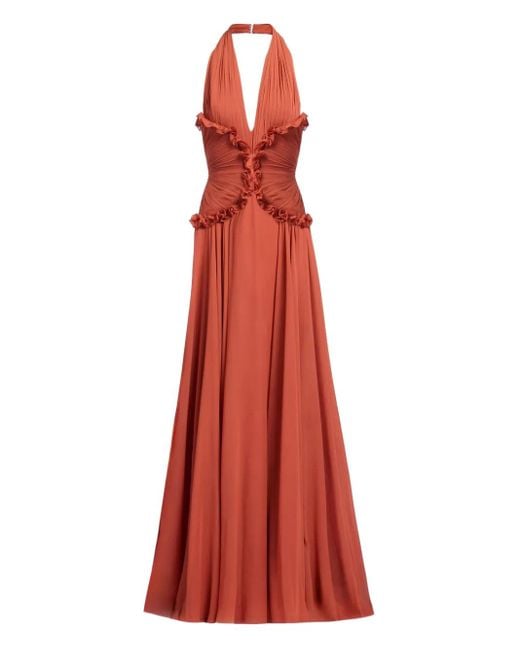 Elie Saab Red Robe Longue En Soie À Col V