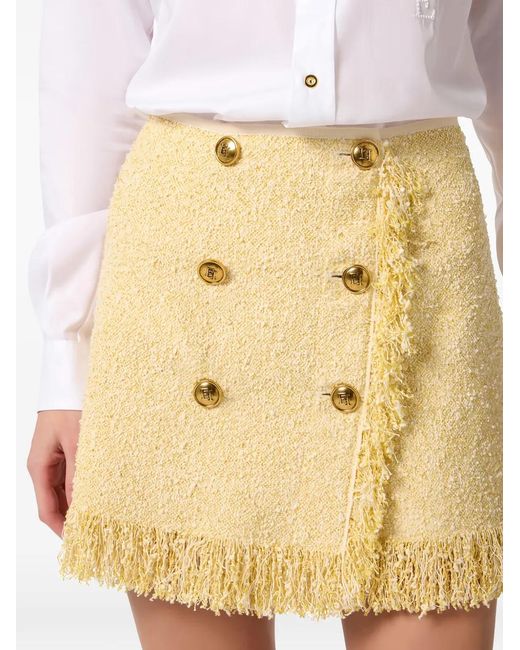 Elisabetta Franchi Natural Bouclé Fringed Button Mini Skirt