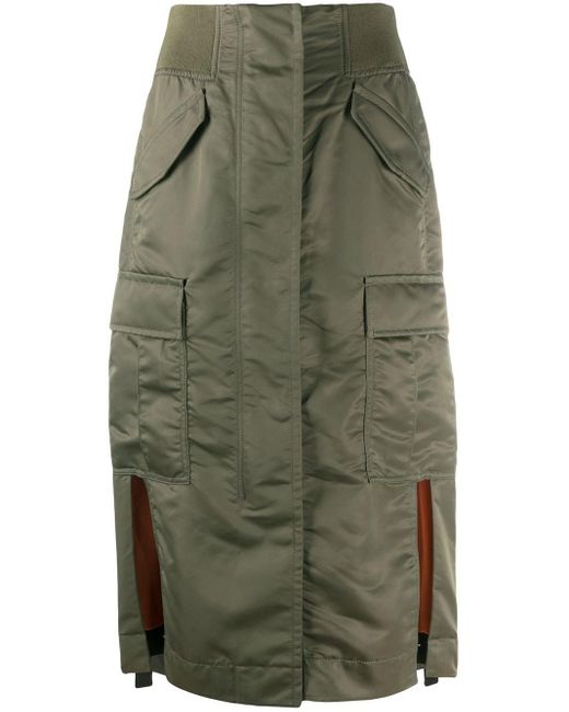 Sacai Green Nylon Cargo Pocket Midi Skirt