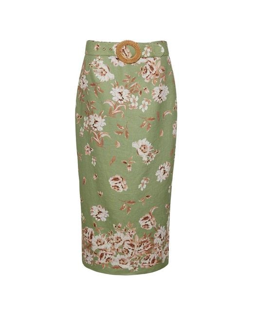 Cara Cara Green Floral-Print Belted Midi Skirt