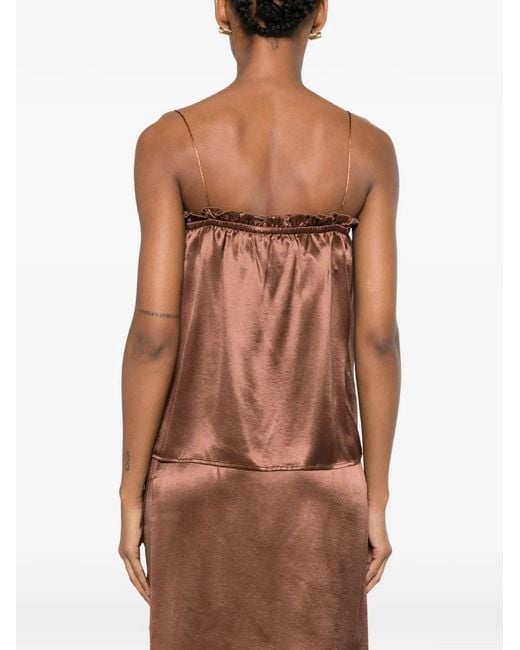 THE NINA STUDIO Brown Ruffled-Trim Spaghetti-Strap Top