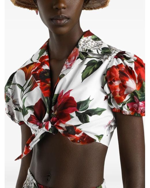 Dolce & Gabbana Red Floral Print Cotton Crop Shirt