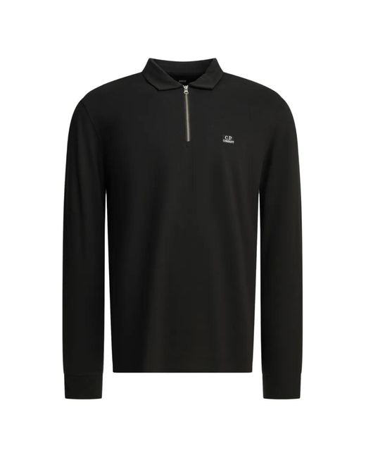 C P Company Black Stretch Piquet Long Sleeve Zip Polo for men