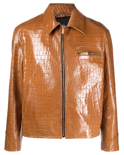 Versace Brown Embossed Crocodile-effect Leather Jacket for men