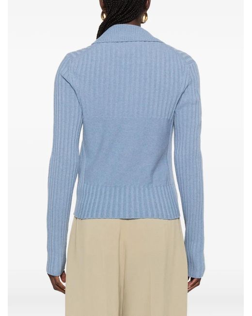 Victoria Beckham Blue Ribbed-Knit Zip-Up Cardigan