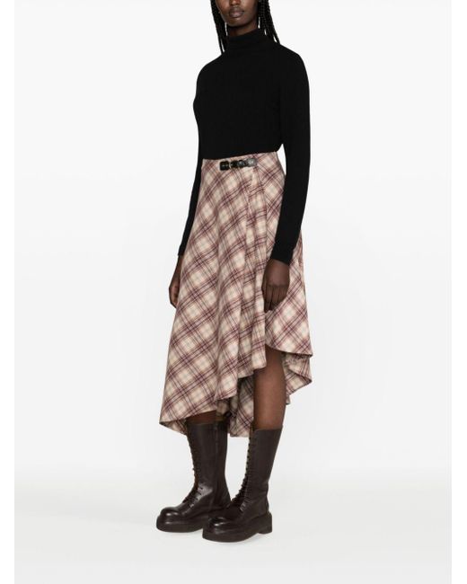 Maje Pink Check-pattern Asymmetric Midi Skirt
