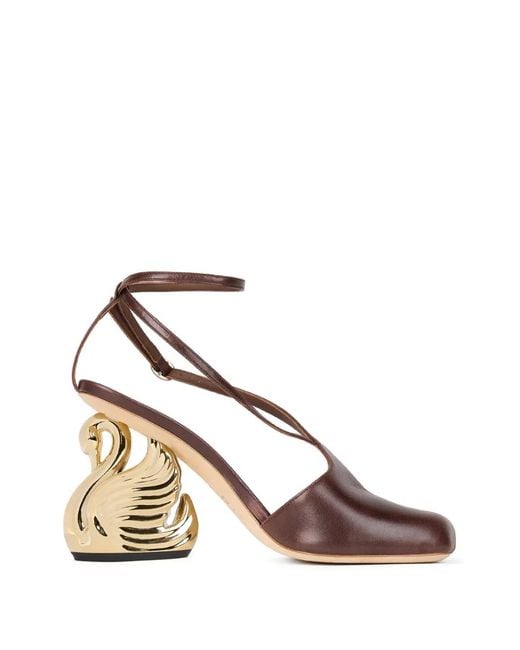 A.W.A.K.E. MODE Brown Christine Swan-Heel Asymmetric Sandals