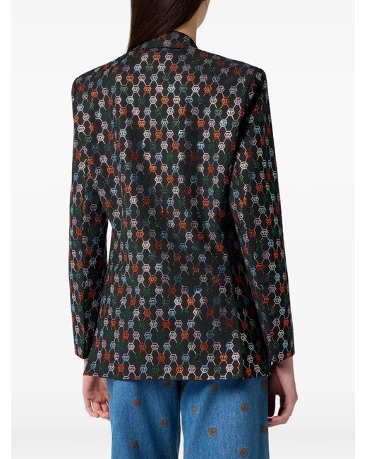 Philipp Plein Black Monogram-Strass Single-Breasted Blazer