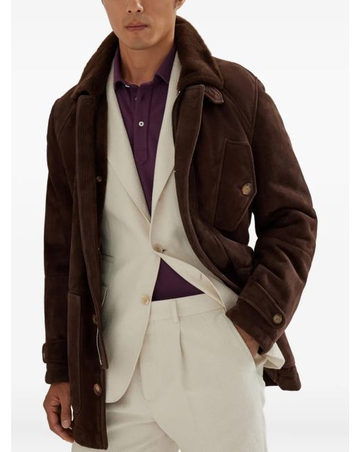 Brunello Cucinelli Brown Suede-Shearling Pea Coat for men