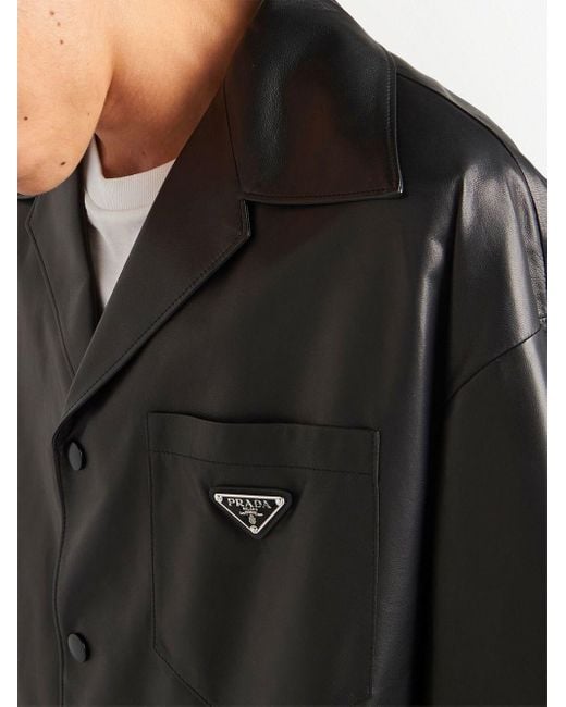 Prada Lederhemd mit Logo-Schild in Black für Herren