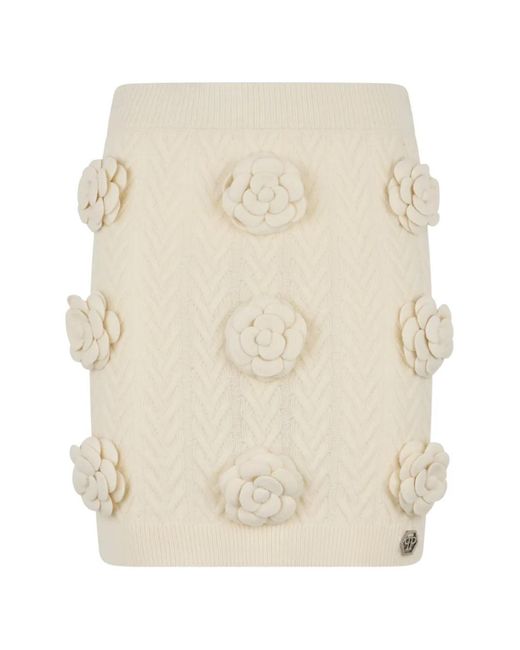 Philipp Plein Natural Knitted Mini Skirt Roses