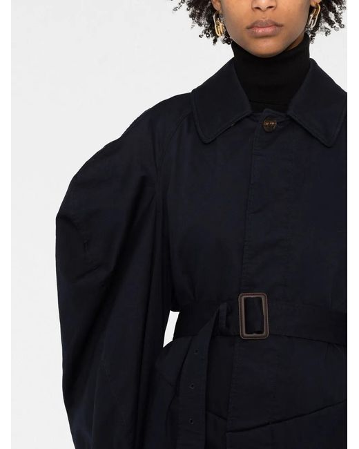Balenciaga Blue Twisted Puff-Sleeves Cotton Trench Coat