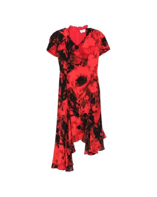 McQueen Red Floral-Print Asymmetric-Hem Dress