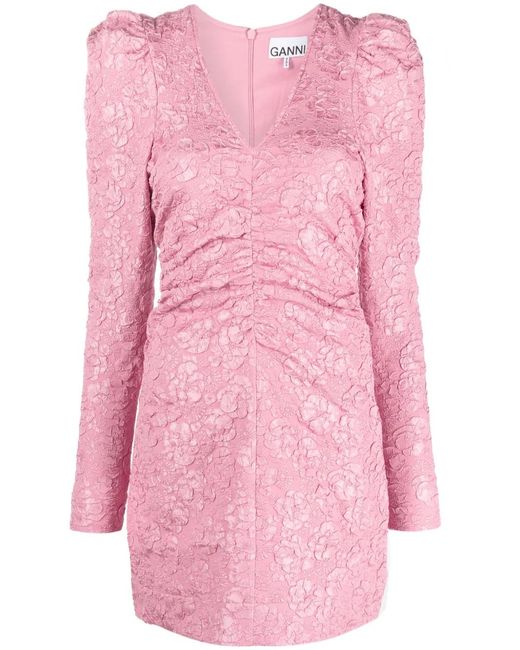 Ganni Pink Floral-Jacquard Tonal Minidress