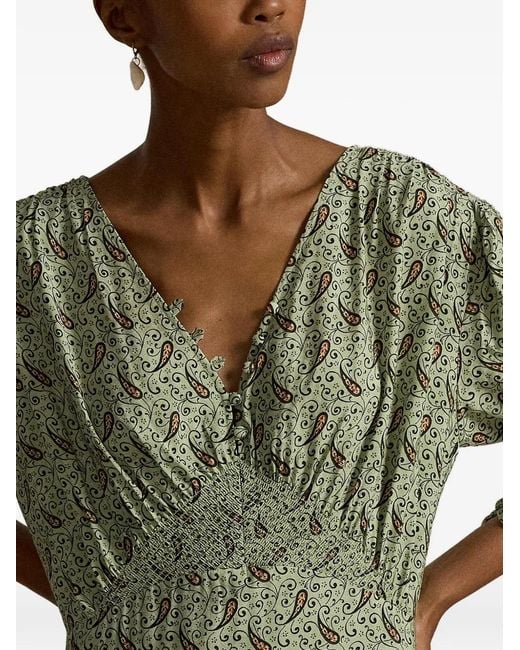 Polo Ralph Lauren Green Paisley V-Neck Midi Dress