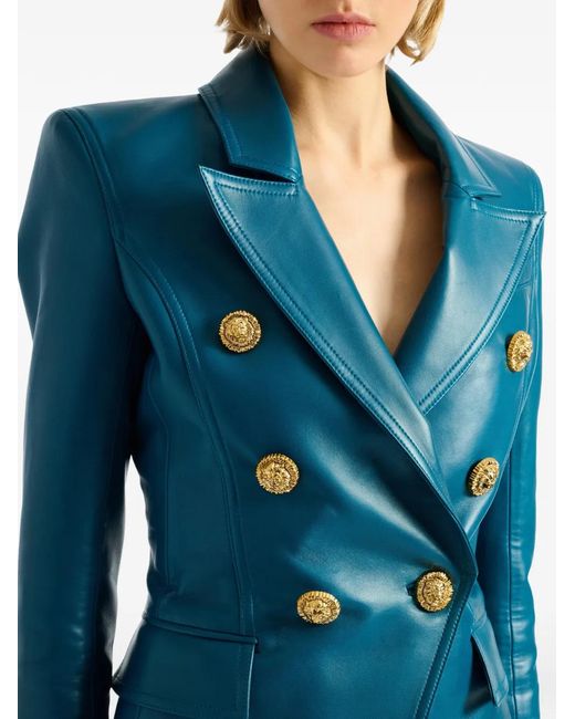 Balmain Blue Leather 6-Button Jacket