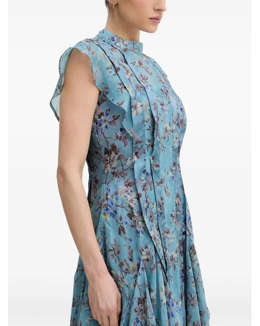 AllSaints Blue Floral-Print Ruffled-Detail Asymmetric Dress