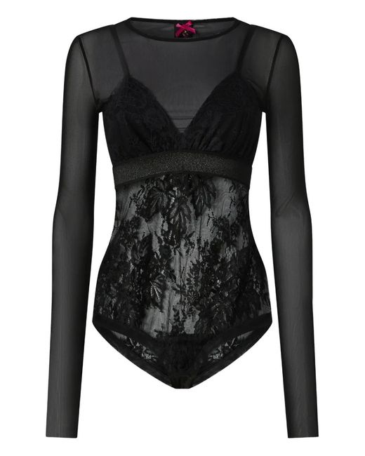 Pinko Black Fagiolino Lace-Panel Long-Sleeve Bodysuit