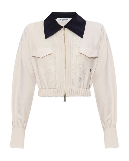 Self-Portrait White Lace-Trimmed Zip-Front Jacket