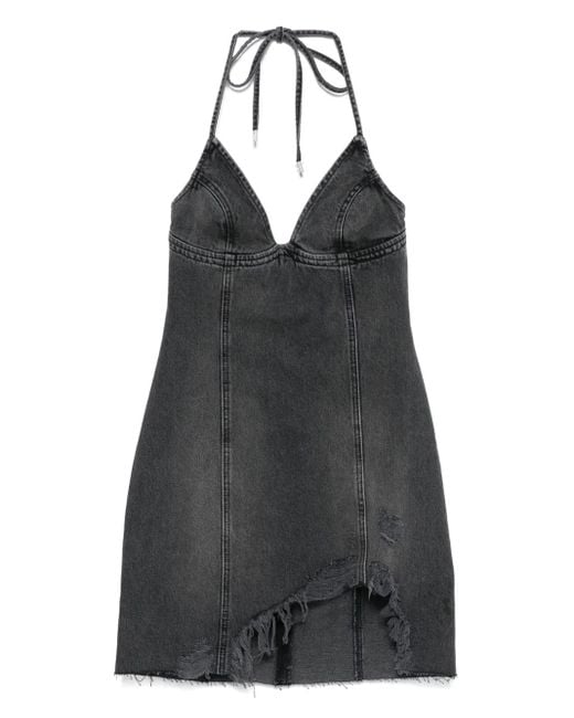 Blumarine Black Halter-Neck Frayed Denim Dress