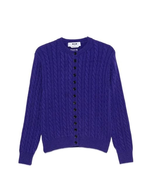 MSGM Blue Cable-Knit Button-Front Cardigan