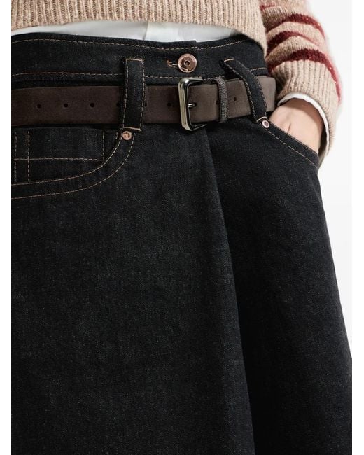Brunello Cucinelli Black No-Fade Denim Five-Pocket Skirt With Monili