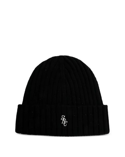 Sporty & Rich Black Ribbed Logo Beanie