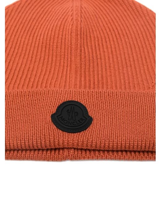 Moncler Orange Ribbed Logo-Patch Beanie for men