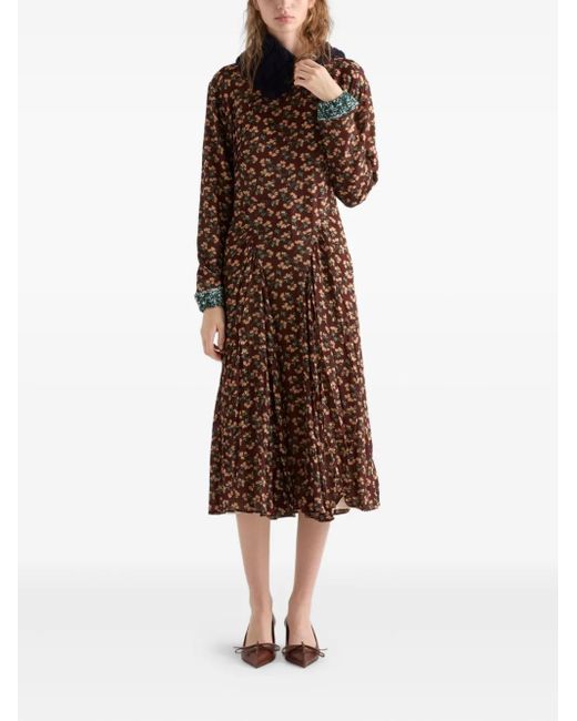 Prada Brown Floral-Print Pleated Knit-Trim Midi Dress
