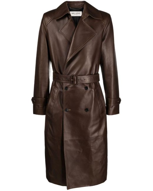 Saint Laurent Brown Polished-finish Double-breasted Coat for men