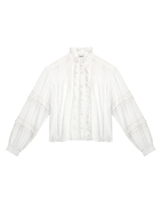 Isabel Marant White Ruffled Lace-Trim Blouse With Puff Sleeves