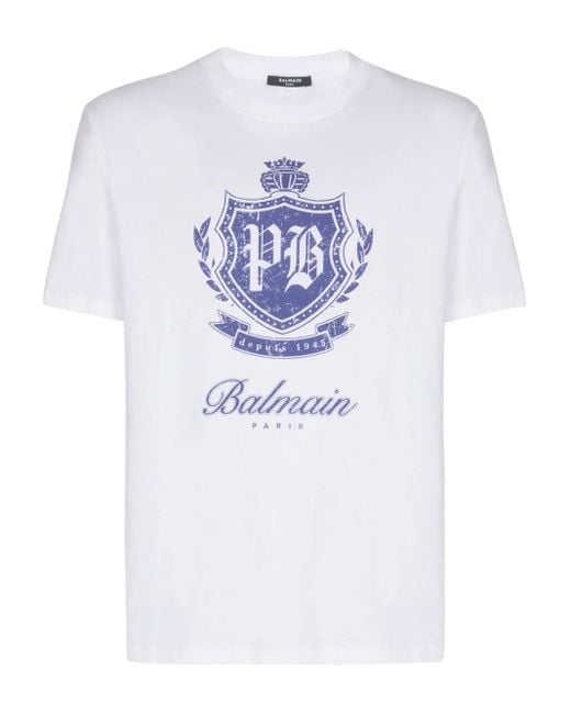 Balmain White College Emblem Print Short-Sleeved T-Shirt for men