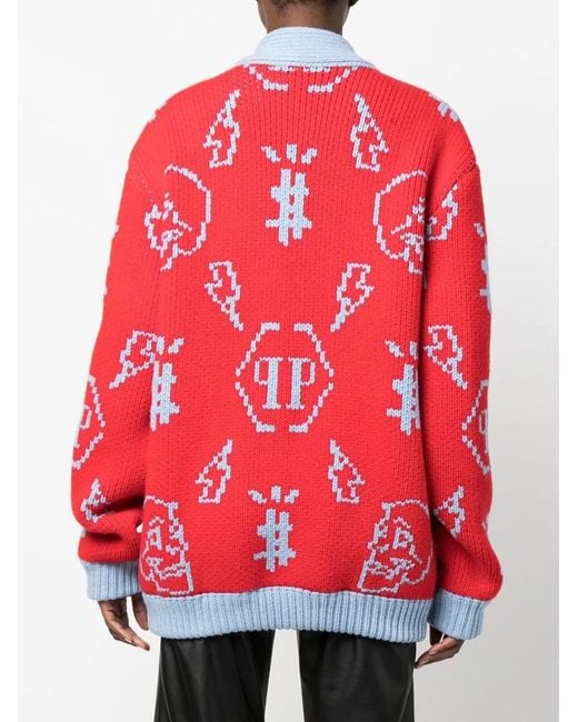 Philipp Plein Red Jacquard Logo Cardigan