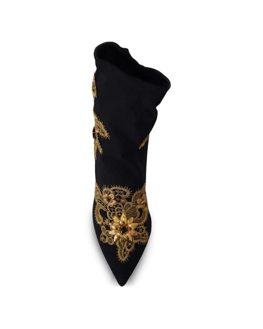 Dolce & Gabbana Black Lace-Appliqué Crystal-Embellished Ankle Boots