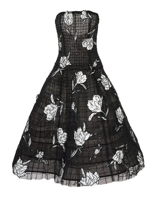 Carolina Herrera Black Floral Embroidered Strapless Drop-Waist Dress