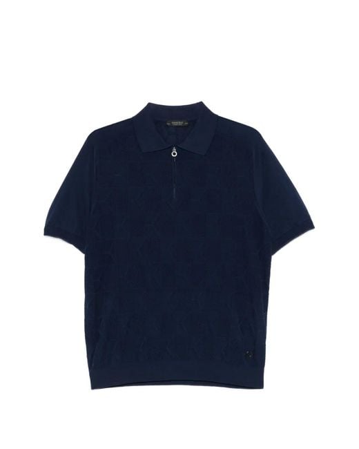 Stefano Ricci Blue Patterned Zip-Fastening Polo Shirt for men