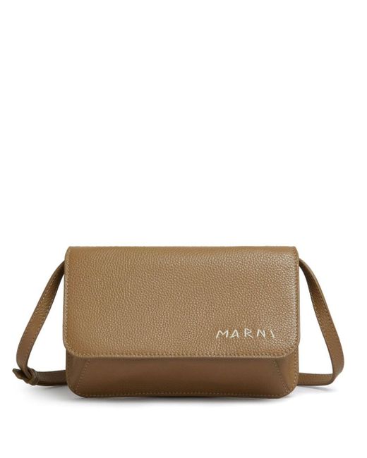 Marni Brown Logo-embroidered Leather Shoulder Bag