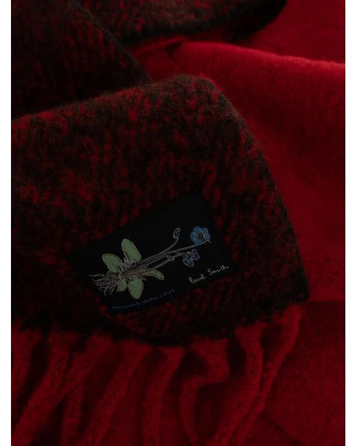Paul Smith Red Fringe-Trim Logo-Patch Scarf
