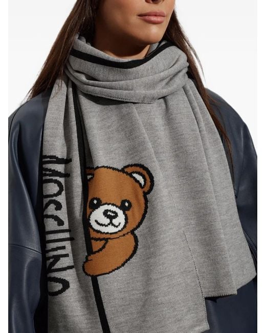 Moschino Gray Teddy Bear-Motif Scarf