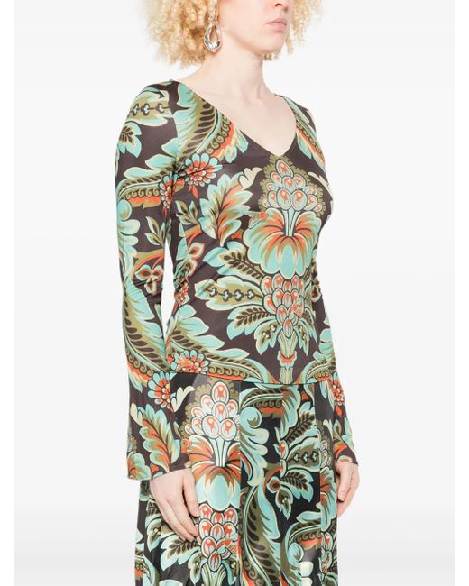 Etro Green Floral-Print Bell-Sleeve T-Shirt