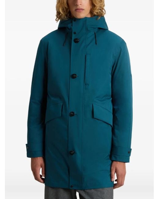 Woolrich Blue Hooded Button Raincoat for men