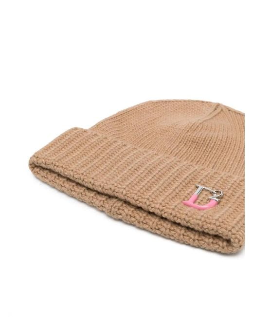 DSquared² Natural Monogram-Plaque Knitted Beanie