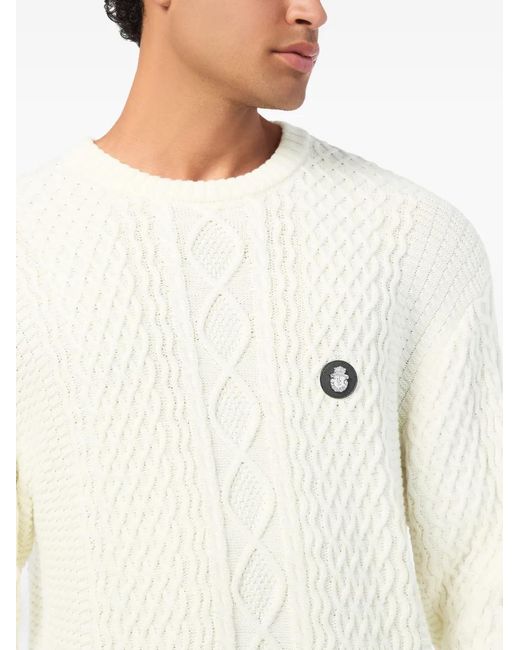 Billionaire White Cable-Knit Crew-Neck Sweater for men