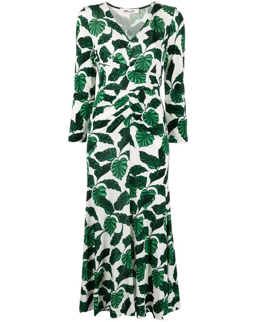 Diane von Furstenberg Timmy Leaf-print Ruched Midi Dress in Green | Lyst