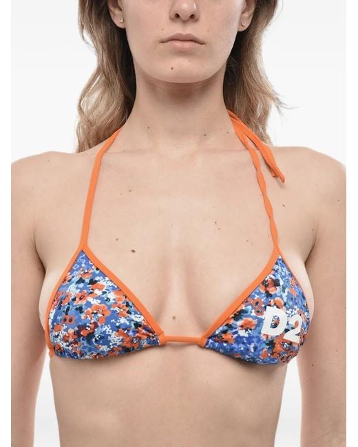 DSquared² Blue Floral-Print Logo-Print Bikini Top