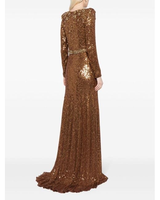 Jenny Packham Brown Georgia Sequined Long-sleeve Gown