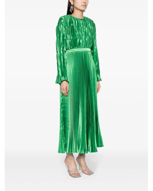 L'idée Green Long-sleeve Plissé Maxi Dress