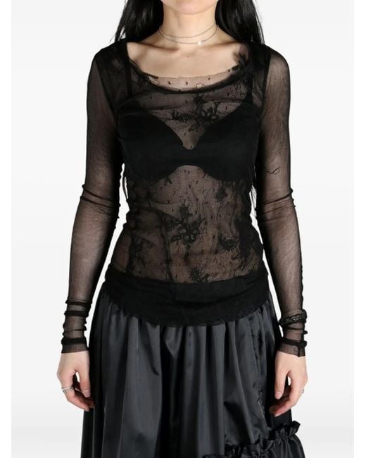 Marc Le Bihan Black Sheer Lace Long-Sleeve Top