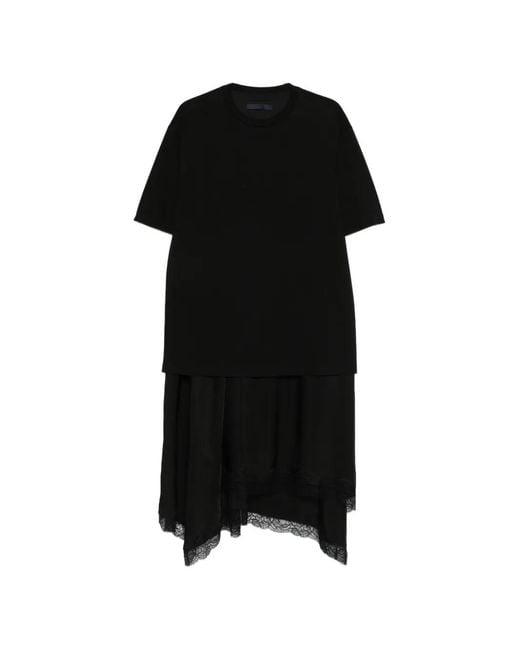 Juun.J Black Lace-Trim Panelled Midi Dress