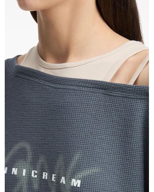 Mini Cream Blue Waffle-Knit Off-Shoulder Top